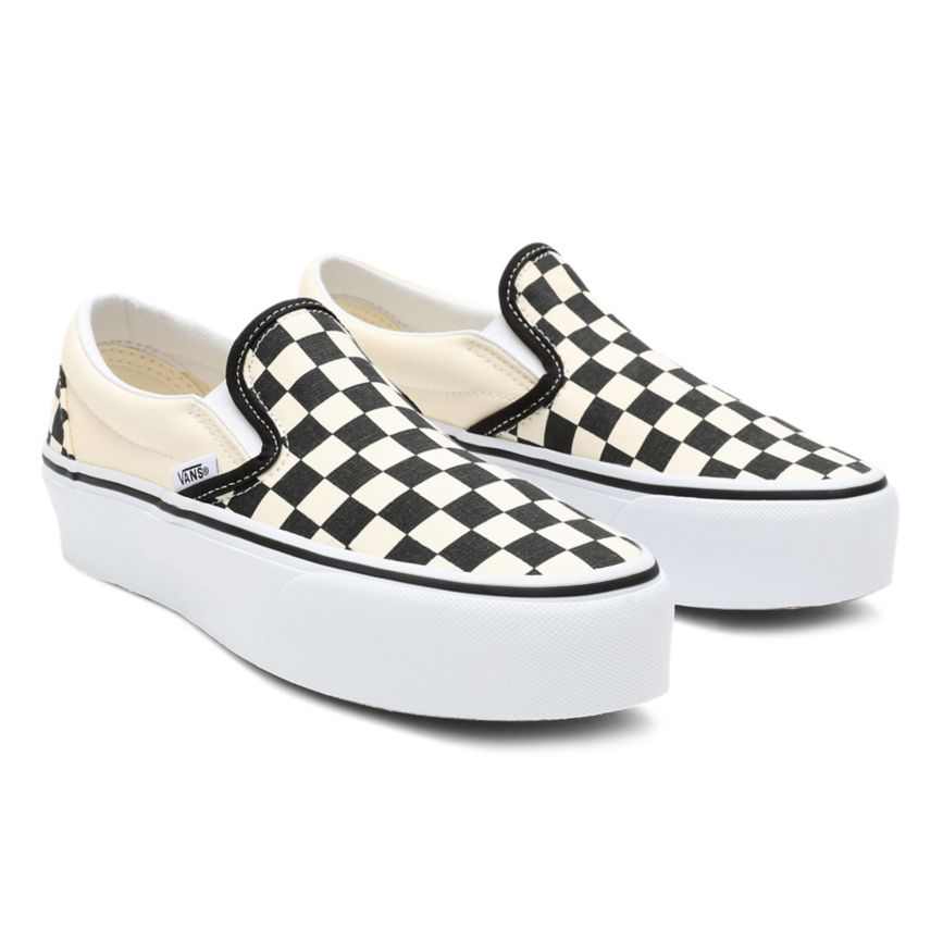 Black Vans Checkerboard Classic Slip-On Platform Shoes | VN004X1TZ65