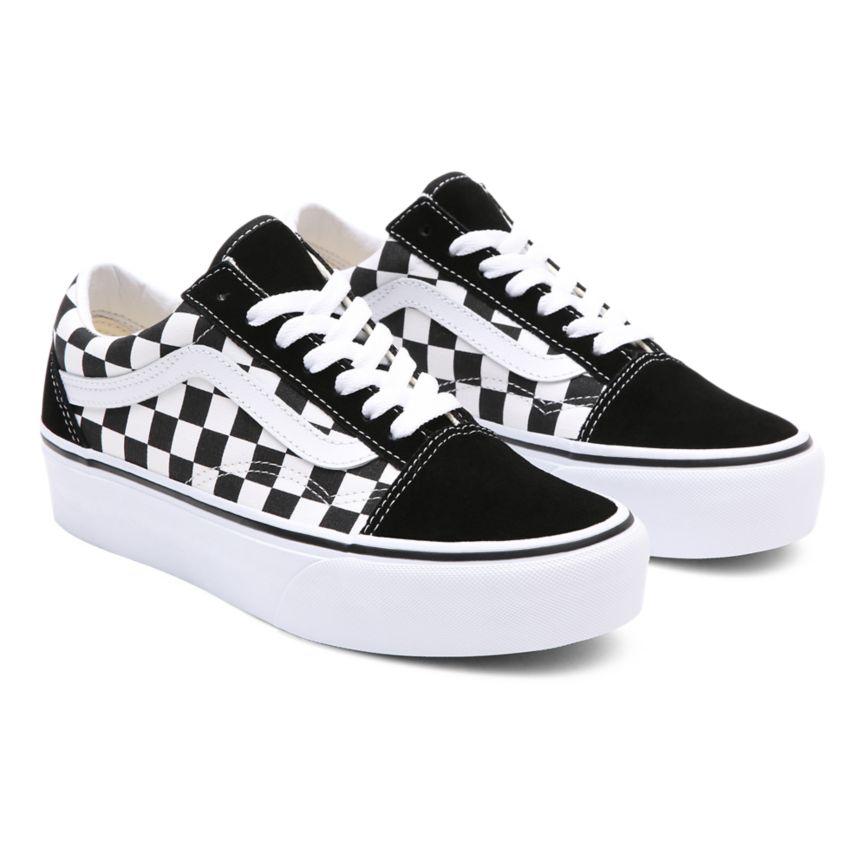 Black Vans Checkerboard Old Skool Platform Shoes | VN639N7AA96
