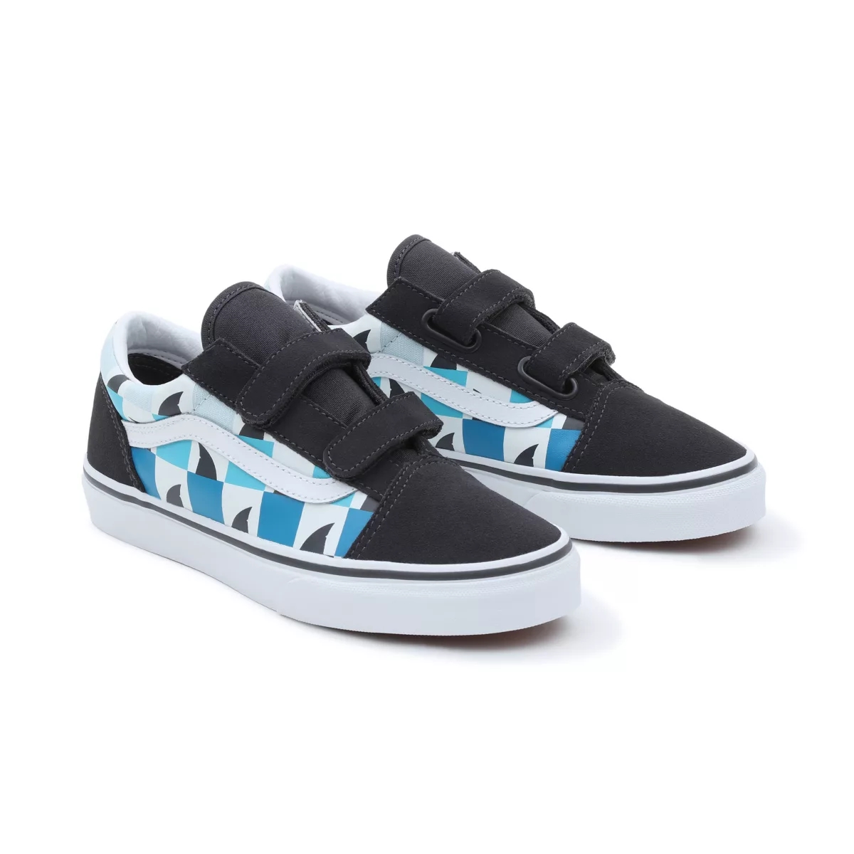 Black Vans Glow Checkerboard Sharks Old Skool Velcro Shoes | VN963K2KC46